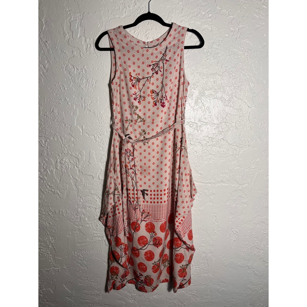 Max Studio Women Pink Red Floral Polka Dot Rayon Midi Dress Handkerchief Hem S